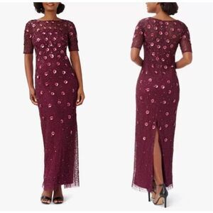 Adrianna Papell Sz 6 Floral 3D Sequin Ball Gown Maroon Sparkle High Slit Formal